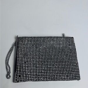 REISS  Clutch Silver Rhinestone Black Background Chain Clutch Bag